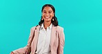 Businesswoman, portrait and on blue with smile or isolated and showing mockup for advertisement. Face, happy and female person or point for promotion or marketing and on studio background