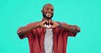 Face, smile and black man with heart hands, support and emoji against a blue studio background. Portrait, male person and model with symbol for love, shape and expression with feedback and motivation