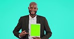 Man, tablet and pointing finger at mockup or green screen for website advertising list. Portrait of happy black male business person with technology tracking markers on studio background for app ux