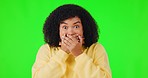Shock, wtf and omg with a woman on a green screen background in studio covering her mouth. News, portrait or face and a young female person looking shocked and surprised at gossip or an announcement