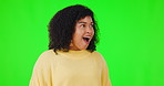 Excited, wow and woman in green screen amazed by deal, promo and sale as a winner isolated in a studio background. Prize, news and young female person shocked by surprise and happy for announcement
