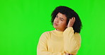 Thinking, woman and confused face on studio green screen with question, idea or decision strategy. Girl, problem solving and thoughtful person, planning mindset and choice on background for mock up