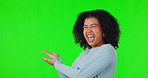 Excited woman, shake head and hands on green screen for advertising, announcement or promotion. Face of happy african person laugh on studio background for mockup space, sale and deal or yes review