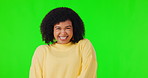 Woman, face portrait and blowing kiss on a green screen with a smile and hand for flirting. Happy african female person excited on a studio background with happiness, emoji and positive mindset