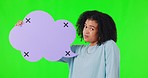Face, green screen and woman with a speech bubble, doubt and confused against a studio background. Portrait, female person and model with a poster, awkward and announcement with promotion and grimace
