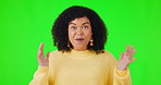 Happy, wow and woman winner in green screen shocked by deal, promo or winning sale isolated in a studio background. Prize, news and young female person amazed by surprise and excited for announcement
