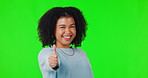 Thank you, portrait of woman with thumbs up and against  green screen for feedback. Success or winner, review or mock up and female person with emoji hand for motivation or support against chroma key