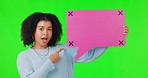 Face, surprise and woman with speech bubble on green screen in studio isolated on background. Portrait, social media and African person with mockup for opinion, smile or pointing to tracking markers.