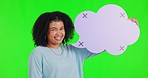 Face, happy and woman with speech bubble on green screen in studio isolated on a background. Portrait, social media poster and African person with mockup space for opinion, vote or tracking markers.
