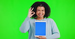 Woman, okay sign and tablet with mockup on green screen with a smile and hand for support or approval. Portrait of happy African person with ok emoji for website, advertising and app review or ux