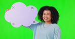 Face, smile and woman with speech bubble on green screen in studio isolated on a background. Portrait, social media poster and African person with mockup space for opinion, vote or tracking markers.