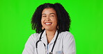 Happy woman, face or doctor laughing on green screen with arms crossed or smile in studio with mockup. Mock up, funny or portrait of proud medical worker smiling with positive mindset in healthcare 