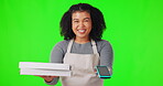 Happy woman, waitress and pizza on green screen for payment with card machine against a studio background. Portrait of female person, food or meal with smile for service or order on mockup space