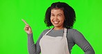 Face, business owner and woman with green screen, pointing and opportunity on a studio background. Portrait, female person or model with hand gesture, choice or decision with startup success or smile