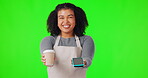 Happy woman, waitress and coffee on green screen for payment with card machine against a studio background. Portrait of female person, caffeine or tea with smile for service or order on mockup space