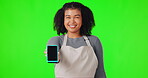 Machine, face and woman in green screen for cafe POS, small business owner and online payment. Happy, offer and african person or waitress of digital transaction, point of sale and mockup in studio