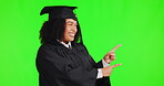 Graduate pointing, green screen and happy woman face isolated on studio background for college presentation or news. African person, graduation student and school choice, show mockup or announcement