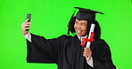 Graduation selfie, green screen and woman isolated on a studio background in profile picture with award or certificate. Graduate, photography and happy African person or student, diploma and success