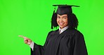 Graduate pointing, green screen and woman face isolated on studio background for college presentation or information. African person, graduation student and school choice, show mockup or announcement