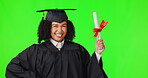 Graduation cap, green screen and woman face isolated on studio background for education, college or scholarship success. African person, university student or graduate, diploma or certificate award