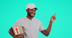 Portrait, shipping and steps with a black man courier in studio on a blue background holding a box. Logistics, ecommerce and package with a happy male postal worker showing a delivery safety guide