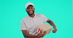 Portrait, delivery and okay with a black man courier in studio on a blue background holding a box. Logistics, ecommerce and package with a happy male postal worker showing an emoji or hand gesture