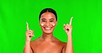 Green screen, cream and face of happy woman pointing up to advertising announcement, info and offer. Portrait of female model, lotion and marketing facial sunscreen, beauty cosmetics or skincare deal