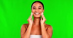 Green screen, happy woman and cotton pad for face, cosmetics and aesthetic skincare on studio background. Portrait, female model and beauty products for cleaning, facial dermatology or makeup removal