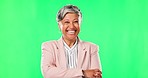 Green screen, crossed arms and happy business woman with pride, confidence and happiness. Manager, chromakey and portrait of senior female person with laugh, smile and success on studio background