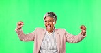 Senior, celebration and excited woman on green screen in studio isolated on a background. Face portrait, winner and  elderly female person celebrate, winning promotion or good news, success or bonus.