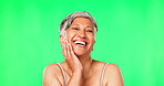 Beauty skincare, face and old woman on green screen in studio isolated on background mockup. Elderly portrait, natural and funny female model with makeup, cosmetics or facial treatment for anti aging