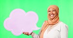 Muslim woman, speech bubble and smile by green screen, studio background and excited with opinion in mockup. Female islamic model, vote or voice with poster for social media in portrait for mock up