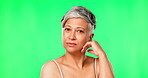 Senior skincare, face and woman on green screen in studio isolated on background mockup. Elderly portrait, natural beauty and female model with makeup, cosmetics or facial treatment for anti aging.