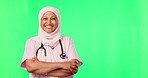 Face, happy and muslim nurse on green screen with arms crossed for healthcare, hospital or medical worker mockup. Doctor, islamic woman and portrait for healthy advice or support on studio background