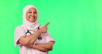 Face, happy and muslim nurse on green screen with arms crossed for healthcare, hospital or medical worker mockup. Doctor, islamic woman or portrait for healthy advice or pointing on studio background