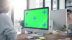 Workspace, green screen and people on computer, tracking markers and mockup for editing or copywriting on website. Creative agency, office and woman typing on desktop pc with online advertising space