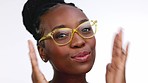 Face, black woman and glasses for vision, happiness and smart lady isolated on white studio background. Portrait, African American female and girl with eyewear, funny and goofy with joy and smile