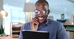 Smile, business and black man in office on tablet for web design ideas, online project and website. Networking, corporate and happy male worker on digital tech for research, planning and strategy