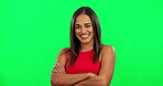 Arms crossed, happy or portrait of woman laughing, excited or confident, girl or student on green screen. Face, smile and laugh with pride on studio background or fashion, natural beauty or happiness