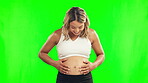 Pregnant, stomach and a happy woman on a green screen with a smile, hope and love, Young female person with happiness and excited for pregnancy, health and wellness or new life on a studio background