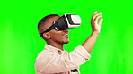 Black man, vr and digital metaverse on green screen in studio isolated on a background mockup. Virtual reality, ui and happy African person with futuristic touch technology for 3d gaming on internet.