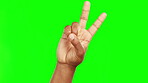 Person, hands and peace sign on green screen for advertising against a studio background. Hand of man with peaceful emoji in V gesture, symbol or icon for social media on chromakey mockup space