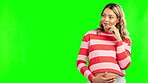 Thinking, pregnant woman and smile on green screen for wellness, future or development. Pregnancy, excited person or mother touch belly with idea, plan or dream of love, health or healthy baby growth