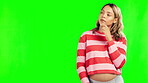 Studio, thinking or pregnant woman on green screen for pregnancy wellness, fertility or ivf development. Maternity care, wonder or thoughtful mother to be with ideas or plan for healthy baby growth