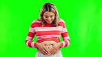 Green screen, heart hands or happy pregnant woman with belly in studio for body wellness or development. Pregnancy, excited or mother holding tummy or stomach for bonding love or healthy baby growth