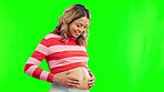 Green screen, profile or happy pregnant woman with tummy in studio for body wellness or development. Pregnancy, excited or mother holding belly or stomach for bonding love or healthy baby growth 