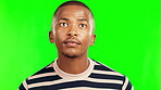 Green screen, curious and black man search or peeking to discover, explore and isolated in a studio background. Thinking, wow and young person looking or searching for adventure or notification