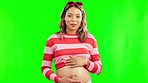 Green screen, laugh or portrait of happy woman with pregnant in studio for wellness or development. Pregnancy, funny joke or face of mother smiling with tummy or stomach for bonding or baby growth 