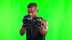 Black man, boxer and fitness for fight on green screen against a studio background. Portrait of African male person or fighter with boxing gloves for sports exercise, workout or training on mockup