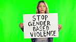 Poster, equality and green screen with a woman activist holding a sign at a rally for freedom or human rights. Portrait, change and protest with a young female person at a march on chromakey mockup
